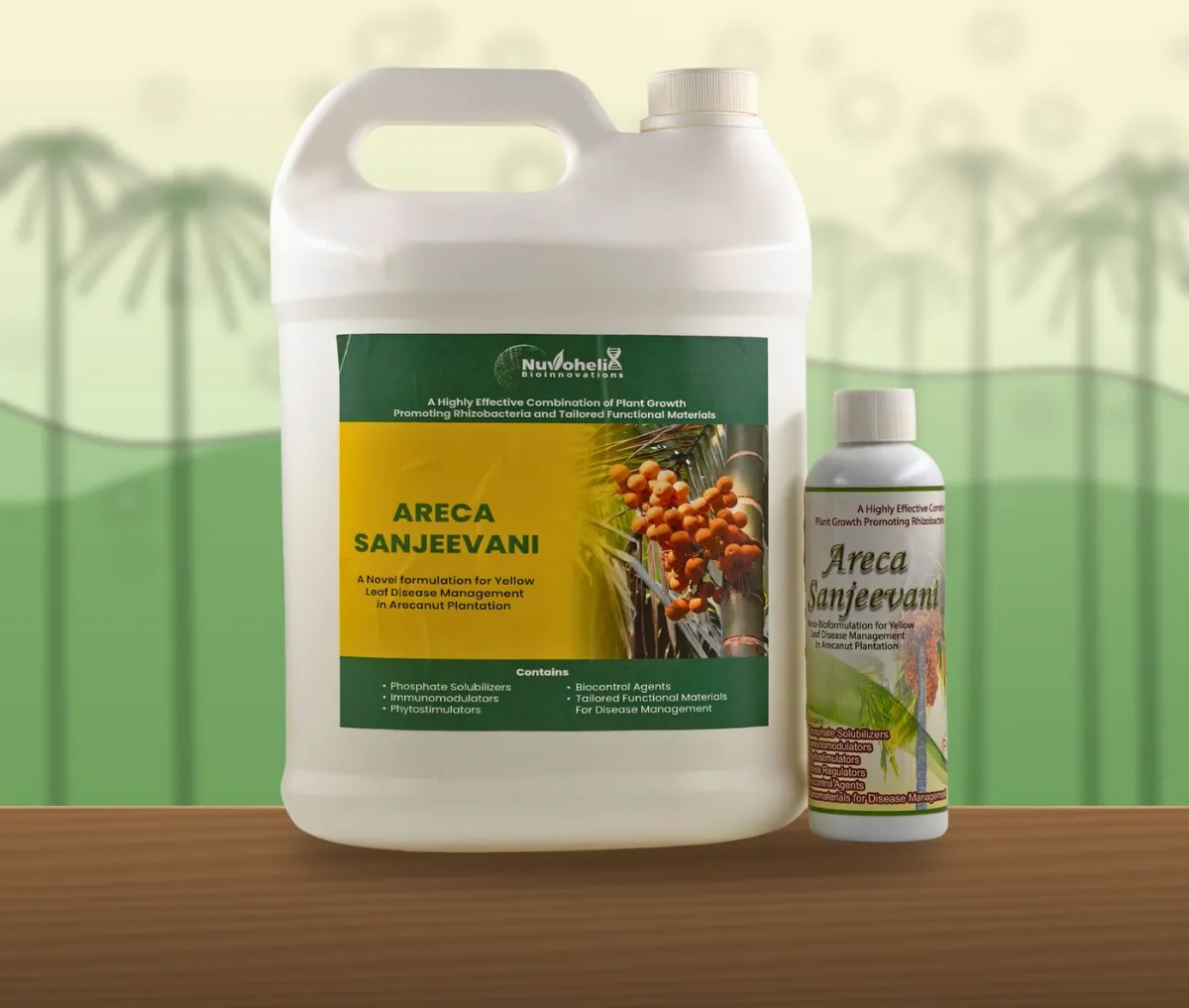 Areca Sanjeevani 5-litre can and bottle in an arecanut plantation setting